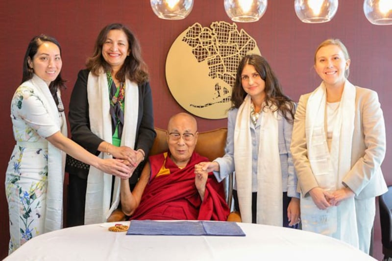 Uzra Zeya (2nd from L), U.S. under secretary of state for civilian security, democracy, and human rights, and and Kelly Razzouk (2nd from R), special assistant to the president and senior director for democracy and human rights stand beside the Dali Lama (C) in an image posted on Zeya's X account, Aug. 21, 2024. (US Department of State)
