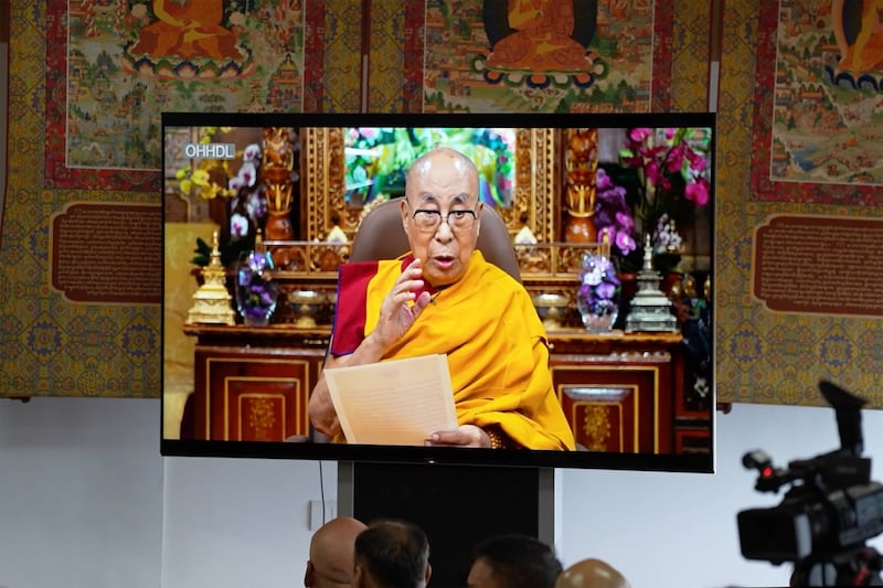 Tibetan spiritual leader the Dalai Lama speaks via video at the 15th Tibetan Religious Conference in Dharamsala, India, July 2, 2025.