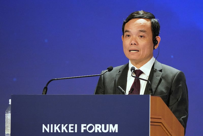 Deputy Prime Minister of Vietnam Tran Luu Quang delivers a speech at the Nikkei Forum "Future of Asia" in Tokyo on May 25, 2023
