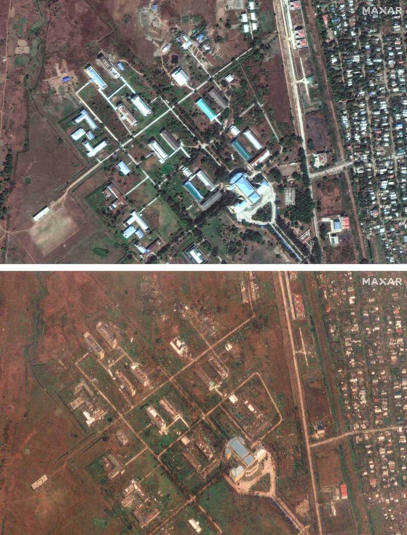 This combination of Feb. 17 and May 15, 2023, photos shows Sittwe University in Myanmar, before and after Cyclone Mocha made landfall in Rakhine state on Sunday, May 14, 2023. Credit: Maxar Technologies via AP