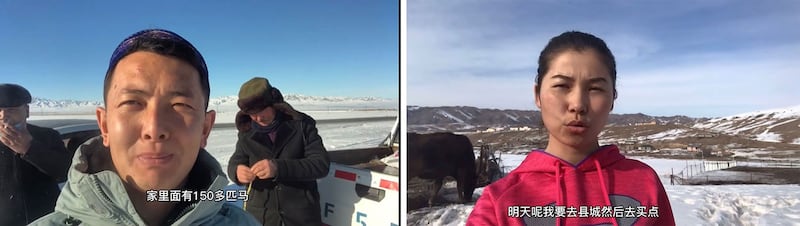 左图:哈萨克人小萨称,一哈萨克牧民家庭有150匹马,说明生活富裕。 右图:波塔说,要去县城买菜,表明行动自由。(视频截图/乔龙提供)
